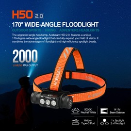 ACEBEAM H50 2.0 High Performance Headlamp 2000 Lumens Spotlight/170° Wide Range Floodlight/Dual Beam, Hard Hat Light Led Headlight Head Lamp for Camping, Hiking, Caving Rescuing