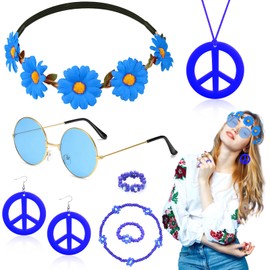 7Pcs Hippie Costume Accessories for Women, 60s 70s Dressing Accessories Set with Plastic Necklace Earring Flower Headband Bracelet Ring Sunglasses Retro Deco for Dress Up (blue)