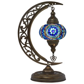 mozaist Turkish Lamp, Unique Lamps, Moon Shaped Mosaic Table Lamp, Moroccan Handmade Antique Bohemian Vintage Lamp Shade, Tiffany Desk Bedside Stained Glass Lamp with US Plug and E12 Socket