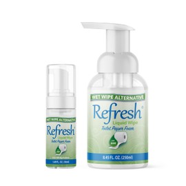 Refresh Liquid Wipe: Toilet Paper Foam. Eco-Friendly Wet Wipe Alternative with Witch Hazel and Aloe. Plumbing and Septic Safe. 250ml/50ml (10.14 Fl Oz Total) Combo Pack