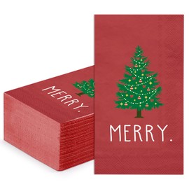 WRAPAHOLIC 50Pcs Christmas Paper Napkins - 3 Ply Merry Xmas Tree Pattern Guest Disposable Hand Towels for Bathroom, Christmas, Holiday, Party Celebration - 4.3 x 7.9 In