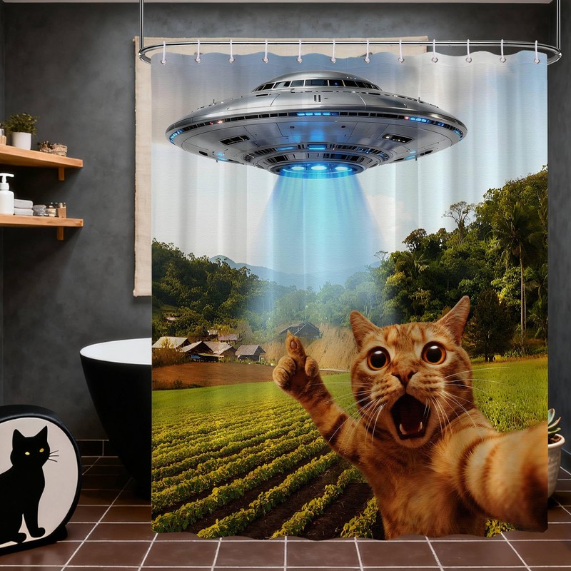 puuiui Funny Cat UFO Shower Curtain, 70x72 Inch