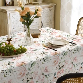 Ablecozy Pink Flower Cluster Fabric Waterproof Tablecloth,Rectangle Watercolor Wrinkle Oil-Proof Resistant Table Cover for Dining Table, Buffet Parties and Campin,(60" x 84" inch)