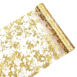 Sparkly Gold Table Runner Glitter Metallic Thin Mesh Polyester Ribbon Roll with Gold Foil for Birthday Party Wedding Christmas Bridal Shower (9Ft)