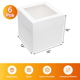 Wowxyz 6 Pack Tall Cake Boxes for Tier Cakes 12x12x12 Inch Disposable Layer Tall Baking Carrier with Window Large Cardboard Tierd Bakery Take Out Transport Containers for Wedding, Birthday, Party