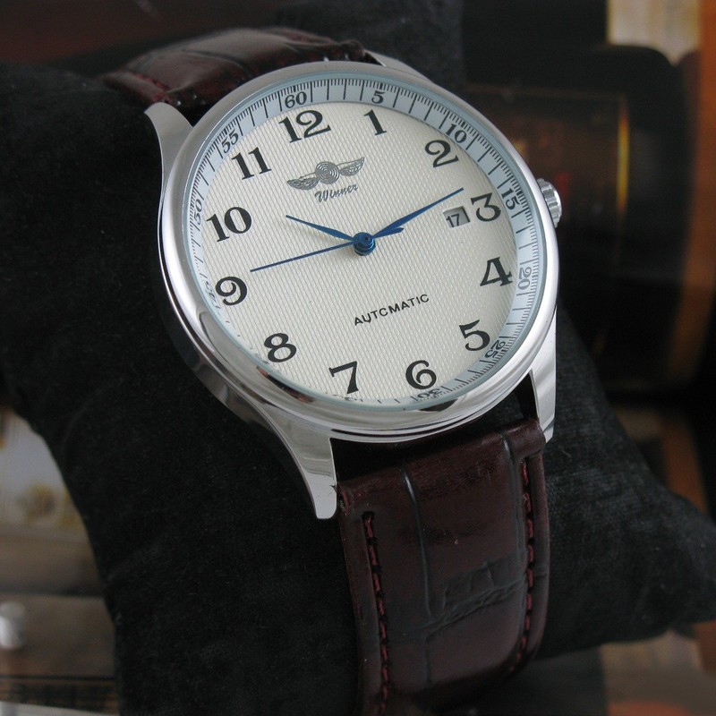 VIGOROSO Men's Automatic Mechanical Watch Day Calendar Leather Band Arabic