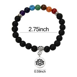 Healing Chakra Crystal Bracelets for Women Men Spiritual Black Lava Stone Bracelets with Lotus Flower Charm Bracelet 8mm Yoga Meditation Gifts for Women Men Elastic Colorful Rainbow Beaded Bracelets