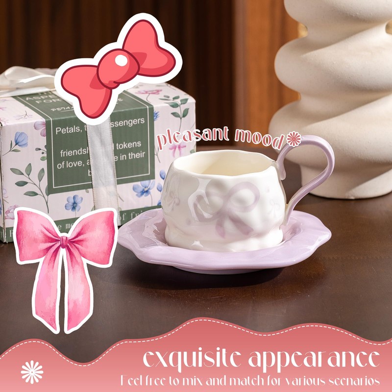 KERHAND Purple Ceramic Mug and Saucer Set with Bow and