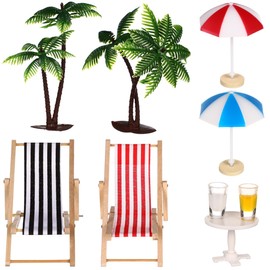 BESPORTBLE Mini Dollhouse Beach Accessories: Miniature Umbrella Chair, Mini Palm Trees Parasols Coffee Table Modle Ornament