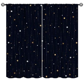 JanJCurt Night Starry Sky Curtains, Golden Space Stars Fantasy Galaxy Universe Black Cosmic with Gold White Star Rain Print Window Curtains for Kids Bedroom Living Room, 42x54 Inch (No Blackout)