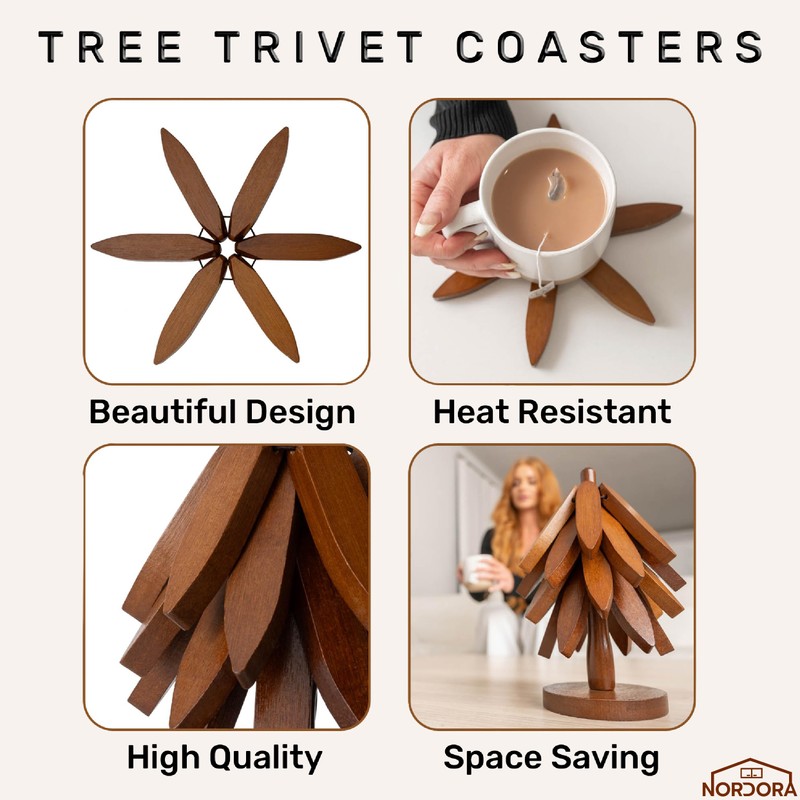 Wooden trivets for hot Dishes – 4 Tree-Shaped Coasters &
