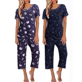 Ekouaer 2 Pack: Womens Pajamas Short Sleeve Sleepwear Tops and Capri Pants Pjs Print Pajama Sets Pink Stripe Grey Stars XL