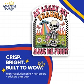 Funny Skeleton Stickers - at Least My Trauma - UFO Rainbow Beam - 2 Pack - 5" Wide Design - Adheres to Laptops, Tumblers, and More - Made in The USA - AQS3962