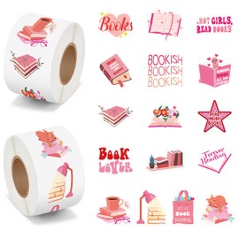 BeYumi Pink Bookish Sticker Roll - 1000Pcs Pink Bookish Stickers in 2 Rolls Waterproof Reading Book Aesthetic Kindle Decals Gift Laptop Bottle Scrapbook Luggage Envelope Decor for Kids Girl Book Lover