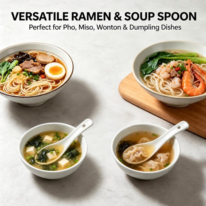 Asian Soup Spoons, 6-Piece White Ceramic Set