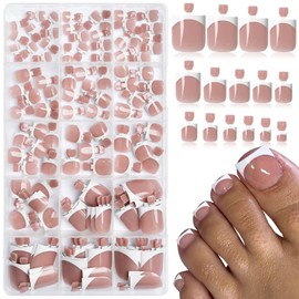 150pc White French Tips Press on Toenails Women Fake Toenail with Glue Tab, Brown Toe Nail Press ons Nails Short Square Fake Toe Nail Tips French Glue on Toenails Stick Acrylic Toes Nails Kit