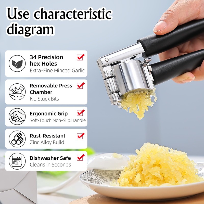 Garlic Press Mincer, Crusher Set with Removable Chamber - Ergonomic