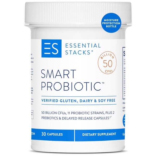 Essential Stacks Smart Probiotic - 50 Billion CFUs, 11 Probiotic Strains, 2 Prebiotics, Delayed Release Capsules - A Daily Probiotic Prebiotic For Women & Men (30 Capsules)