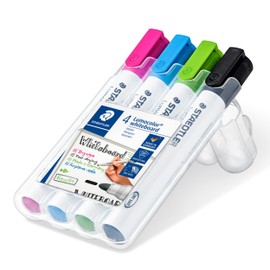 STAEDTLER Lumocolor 351 WP4-1 Whiteboard Marker - Dry and Residue-Free Erasable from Whiteboards, Bullet Tip, Approx. 2 mm Line Width, High Quality, Set of 4 Colours