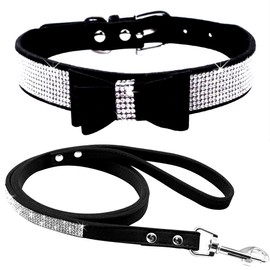 Rhinestone Dog Collar, Cute Dazzling Sparkling Soft Velvet Leather Dog Collar and Leash Set for Small Pet Dog Cat Puppy Collar (S:27-33 cm, Black-1)
