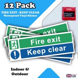 Fire Exit Keep Clear - Waterproof Vinyl Sticker Sign Notice - Pack of 12-300mm X 100mm - Fire Door Safety Sign