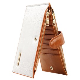 Simikol Large Capacity Wallets for Women Crocodile RFID Blocking 19 Card Slots Organizer Wallet Womens Billfold Long Purse Credit Cards Holder with Double Zipper,White & Brown