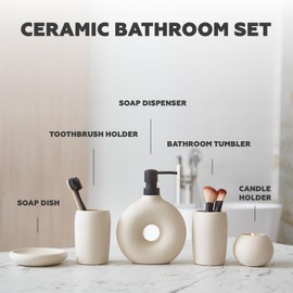 Terramoza Ceramic Bathroom Accessory Set, 5 Pcs - Includes Soap Dispenser, Toothbrush Cup, Toothbrush Holder, Soap Dish & Candle Holder - Beige, Matte Glaze - Aesthetic Bathroom Decor