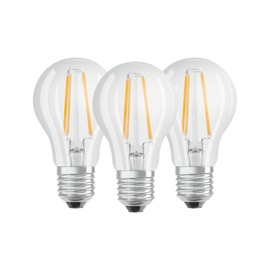 Osram LED Base Classic A bulb, bulb shape with E27 socket, not dimmable, Replaces 6W = 60 Watt, filament style clear, cool white - 4000 Kelvin, 3-pack [Energy Class A ++]