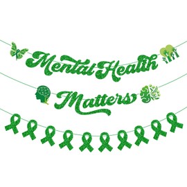 Whaline 8.2 Ft Mental Health Awareness Banner Glitter Green Ribbon Pre-Strung Garland Banner Psychology Hanging Ornament for Party Classroom Wall Decor, 3 Pcs