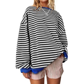 UEU Women Oversized Striped Color Block Sweatshirt Long Sleeve Crew Neck Casual Loose Sweatshirts Pullover Black Striped XX-Large