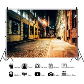 Leowefowa 10x8ft Vinyl Modern City Night Backdrop Store Vintage Buildings Dusk Street Light Alley Photography Background Birthday Party Decor Newborn Kids Adults Portrait Photo Booth Prop