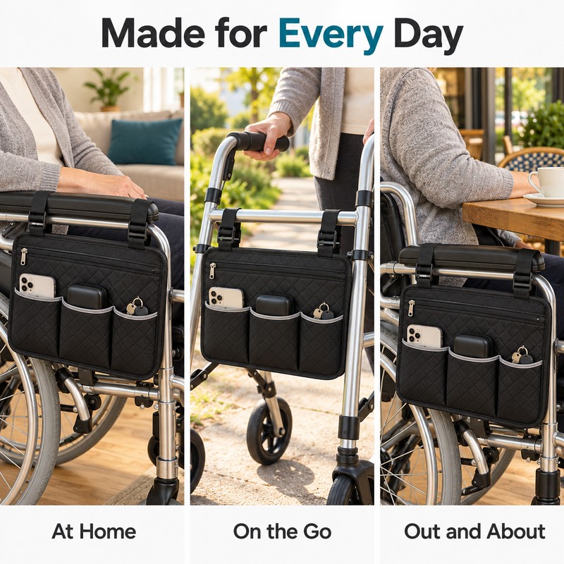 Wheelchair Side Bag – Black Armrest Organizer Pouch with 3