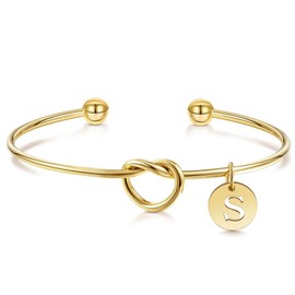 YeGieonr Women's Gold, Stainless Steel Love Knot Initial Charm Cuff Bangle, 18K Gold-Plated A-Z Letter Bracelets, Wedding Gifts for Bridesmaids, Stainless Steel, No gemstone
