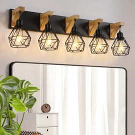 5-Light Farmhouse Bathroom Vanity Light Fixtures, Wood Bathroom Light Over Mirror, Rustic Sconces Wall Lighting with Elegant Metal Lampshade for Living Room, Bedroom, Hallway…