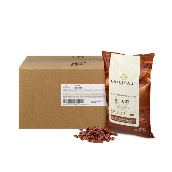 Callebaut 823 Milk Chocolate Callets - 22 LBS Belgian Baking Chocolate Callets - Min 30.2% Cocoa butter, 4.9% fat free cocoa, 6% Milk fat, 15.8% Fat free milk - Recipe 823NV-595 - 22 Lbs (10 kg)