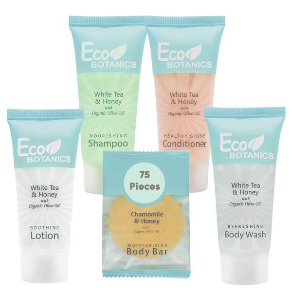 Terra Pure Eco Botanics Hotel Soaps and Toiletries Bulk Set | 1-Shoppe All-In-Kit Amenities for Hotels | .85oz Shampoo & Conditioner, Body Wash, Body Lotion & 0.89oz Bar Soap Travel Size | 75 Pieces