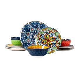 Plates and Bowls Sets, Ceramic Dinnerware Set Dishware Sets 12- Piece, Colorful Dishes Set for 4 - Hand-painted Dinner Plate, Salad/Dessert Plate, Soup/Cereal Bowl, Bohemian Style