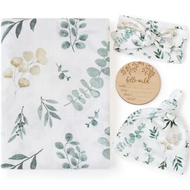 LifeTree Baby Swaddling Cloths Made of Cotton and Bamboo, Large Muslin Cloth, 120 x 120 cm, Muslin Nappies, Baby Blanket, Hat, Bow and Wooden Birthday Card Set, Eucalyptus Plants Design