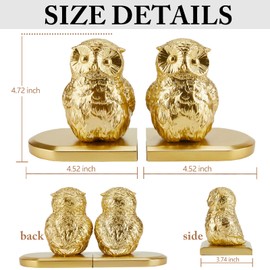Book Ends Decorative, Owl Bookends Gold Bird Bookends for Shelves, Kids Rooms, Non-Skid Bookend, Heavy Duty Resin Book Stopper for Books, Decorative Holder, Gift for Women, 9.05*3.7*4.72'' Gold