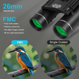 CAMPSLE 12x26 HD Mini Folding Compact Binoculars Bird Watching Travelling Horse Racing Fishing Concerts Festivals Sports events (BAK4 Prism, FMC Green Film, Fogproof, Waterproof, Anti-slip Grip)