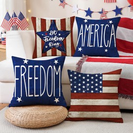 Artscope 4th of July Patriotic Throw Pillow Covers 18x18 Inch Set of 4, Independence Memorial Day American Freedom Stars Stripes White Red and Blue Decoration Pillow Cases for Sofa Bed Room Home Decor