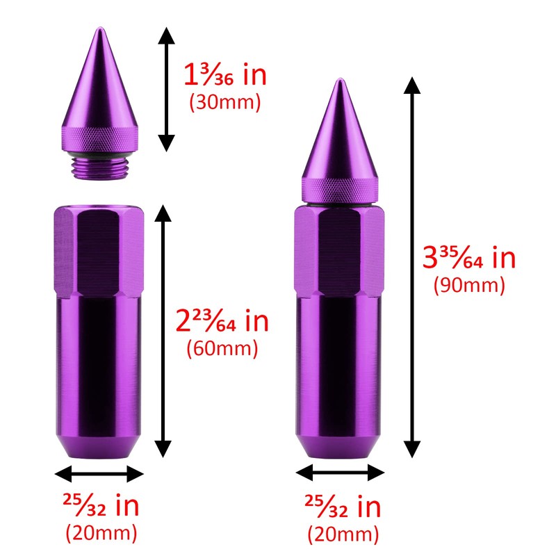 Purple 20 PCS M12x1.5 Lug Nuts Spiked 60mm Extended Tuner