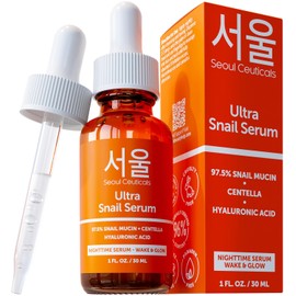 SeoulCeuticals Korean Skin Care Snail Mucin Serum - Korean Beauty Skincare Night Serum for Face - Contains Potent 97.5% K Beauty Snail + Hyaluronic Acid + Centella Asiatica Extremely Effective Anti Wrinkle Serum 1oz