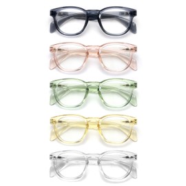 OPULIZE AWE Blue Light Filter Glasses for Men and Women - Pack of 5 - Retro Round Shape - Anti-Glare Computer and Gaming Glasses - UV and Eye Strain Protection - Transparent Blue Pink Green Yellow