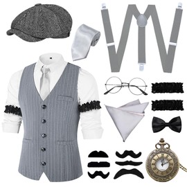 20s Costume Men's Mafia Costume Men's Vests with 15 Pieces 20s Accessories, Vest Pocket Watch Hat Tie Bow Tie Braces Glasses for Carnival Fancy Dress Party (Retro Grey)