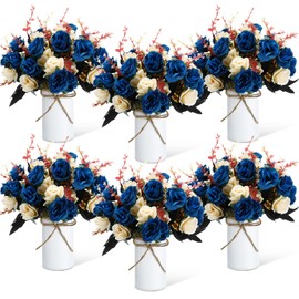 Domensi 6 Sets Wedding Centerpiece for Table Artificial Rose with Vase Fake Bouquets and Metal Pot Floral Arrangements for Holiday Party Event Table Decor (Dark Blue)