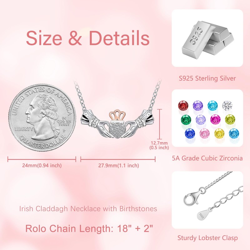 Irish Claddagh Necklace 925 Sterling Silver Heart Birthstone Gift（April）