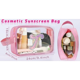 COSHAYSOO Clear Makeup Bag Preppy Initial Letter Cosmetic Toiletry Sunscreen Pouch Travel Essential Accessories Gifts for Women Girls Weekend Summer Holiday Airplane Plane Cruise Traveling Pink T