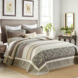QuiltMuse Farmhouse Bedspread King Size 120"x120" - 100% Cotton Lightweight Oversized Quilt with 2 Pillowshams, Botanical Striped Quilted Bedding Cover Coverlet, Grey/Brown