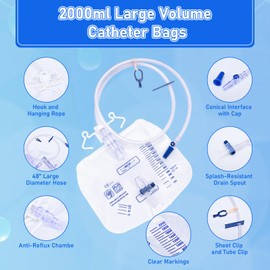 DOKIBI Catheter Bags, 2000ml Urine Bags for Men, Urinary Drainage Bag with Enhanced Anti-Reflux Chamber, 48” Thickened Drainage Tube, Adjustable Clips & Hanging Hook, 5 Pack